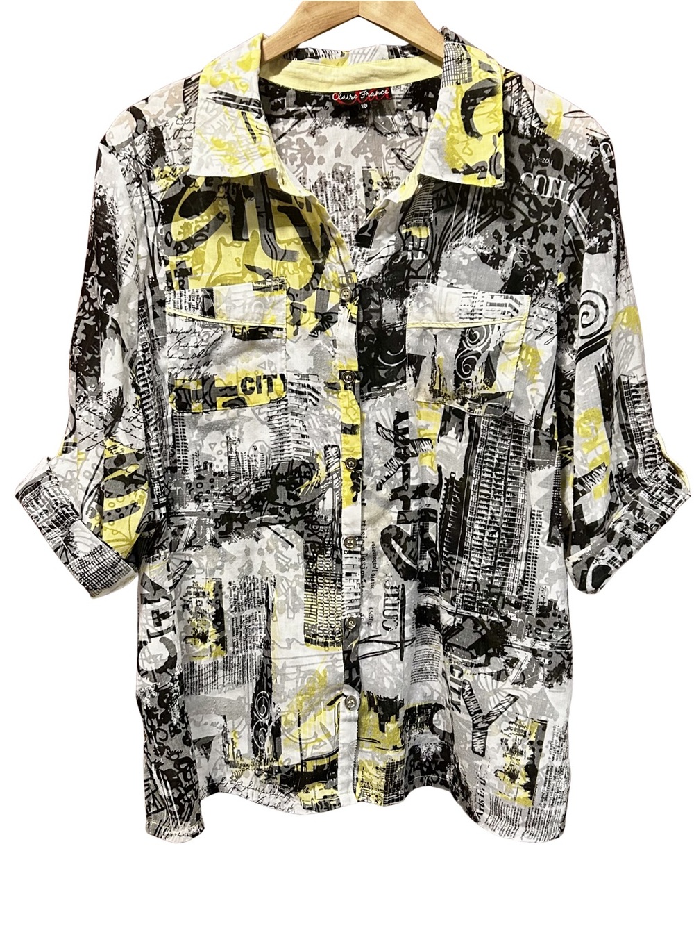 Claire France Abstract City Print Button-Down Shirt in Black, White & Yellow
